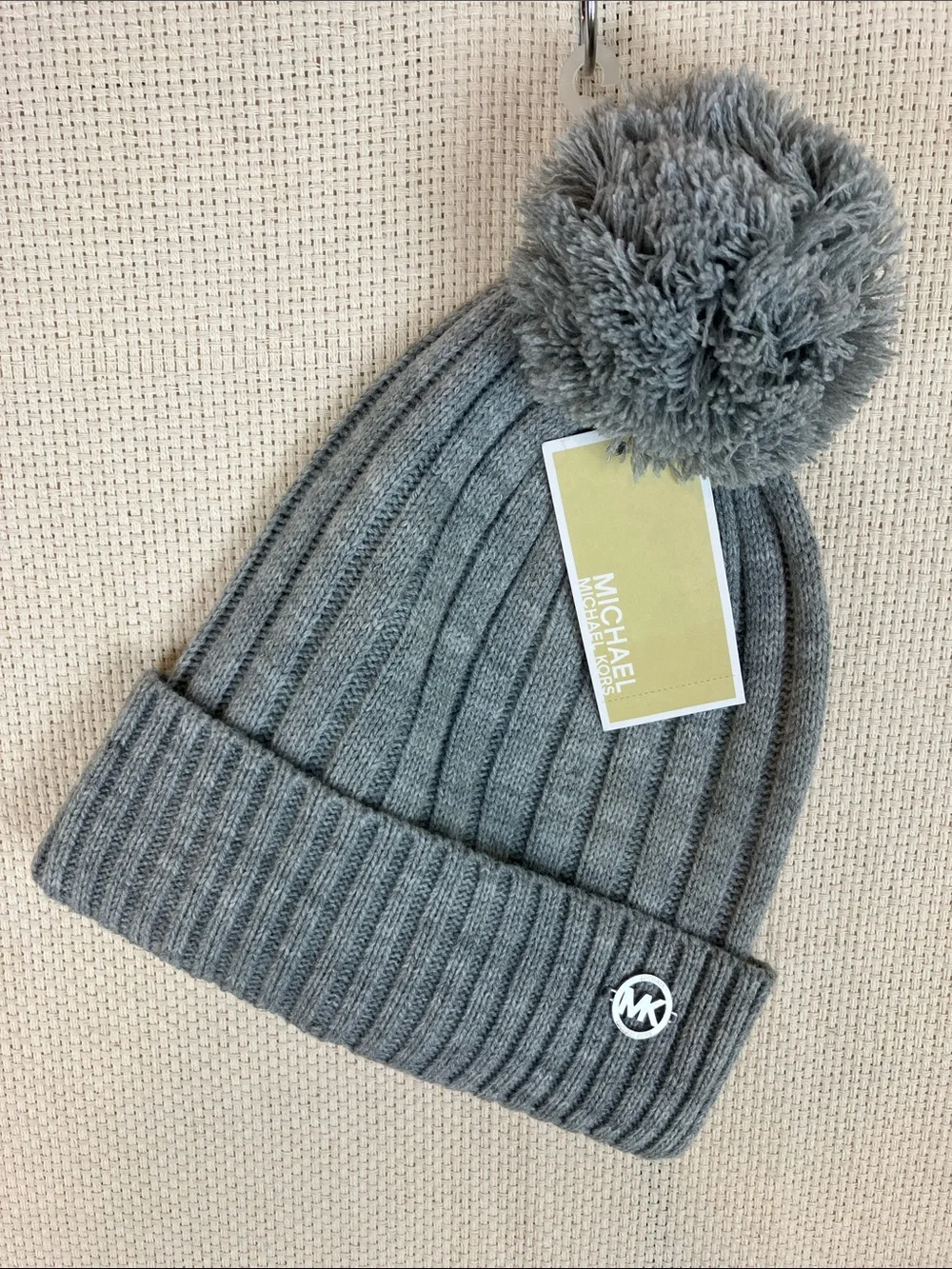 Michael Kors Pom Pom Knit Beanie Hat Grey NWT